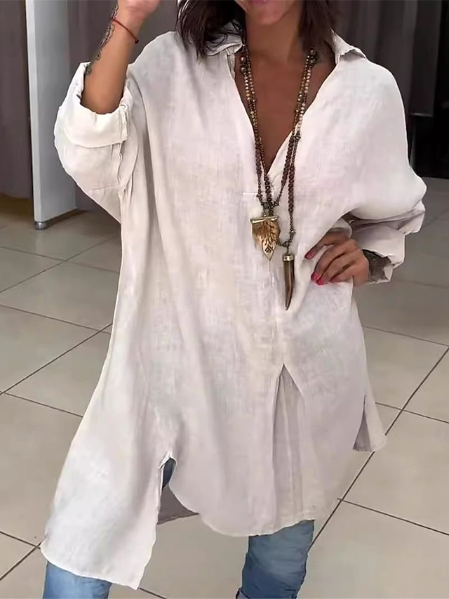  Damen Hemd Baumwoll-Leinen-Hemden Knopfleiste Bluse Einfarbig Basic Lässig Langarm Hemdkragen Normale Oberteile Täglich Asymmetrischer Saum Weiß Herbst Winter