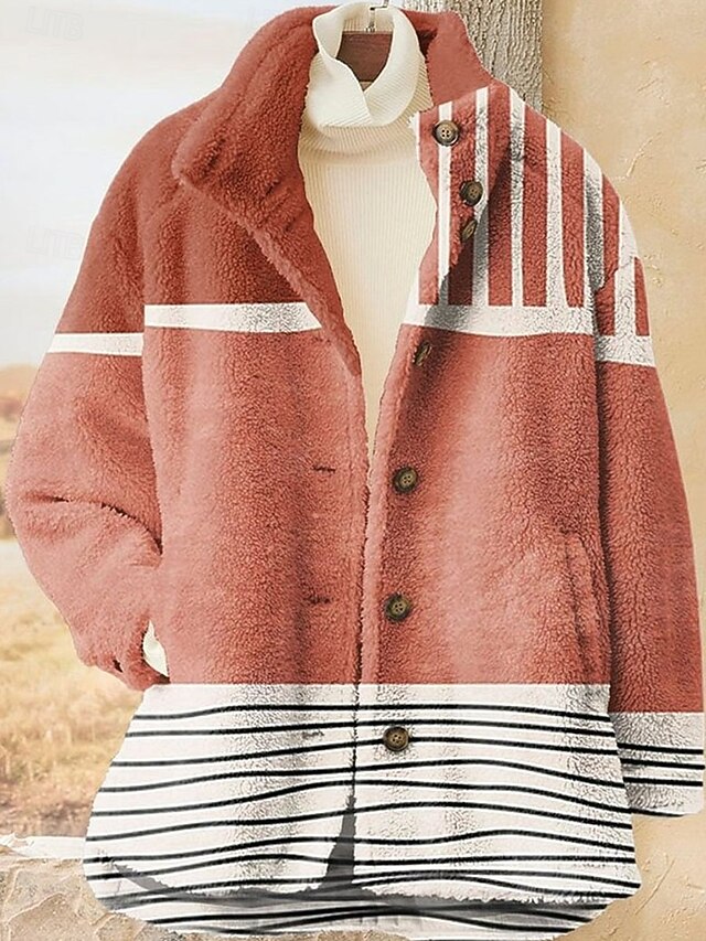 Women's Sherpa Jacket Teddy Coat Outdoor Street Daily Wear Fall Winter Regular Coat Regular Fit Thermal Warm Breathable Stylish Casual Jacket Long Sleeve Leopard Geometric with Pockets Full Zip Red4