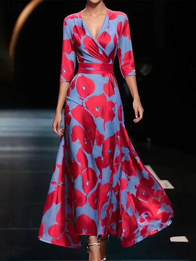 Women's Maxi Dress Casual Dress Swing Dress A Line Dress Casual Daily Regular Fit Floral 3/4 Length Sleeve V Neck White Champagne Red Spring Fall4