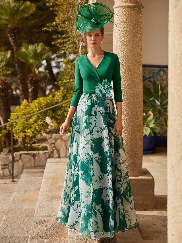  A-Line Evening Gown Elegant Dress Formal Wedding Guest Floor Length 3/4 Length Sleeve V Neck Chiffon with Floral Print Race Day Dress Wedding Guest Dress