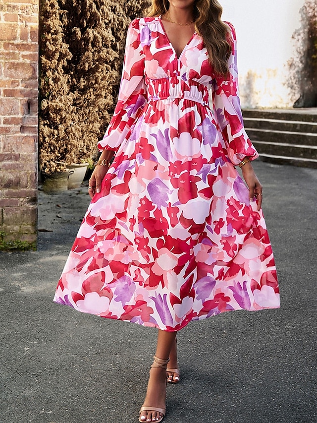  Damen Maxidress Casual kleid Schaukelkleid A Linie Kleid Brautkleider schlicht Täglich Regular Fit Blumen Langarm V Ausschnitt Rote Blau Aprikose Sommer Frühling Herbst