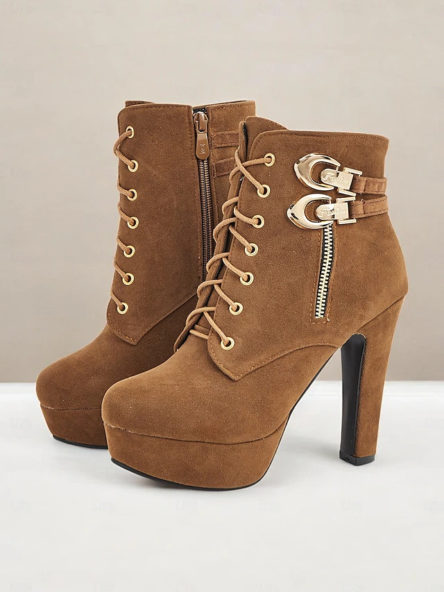 Women's Brown Suede Ankle Boots - Lace-Up Design with Gold Buckle and Zipper Details, Platform High Heel Shoes for Stylish Casual and Party Looks 11