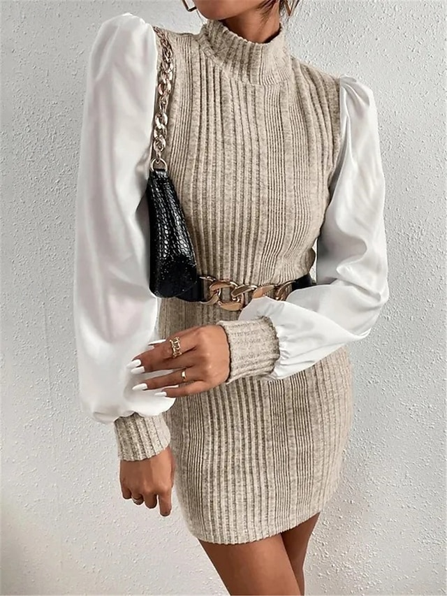  Damen Casual kleid Minikleid Patchwork Brautkleider schlicht Ständer Langarm Braun Beige Farbe