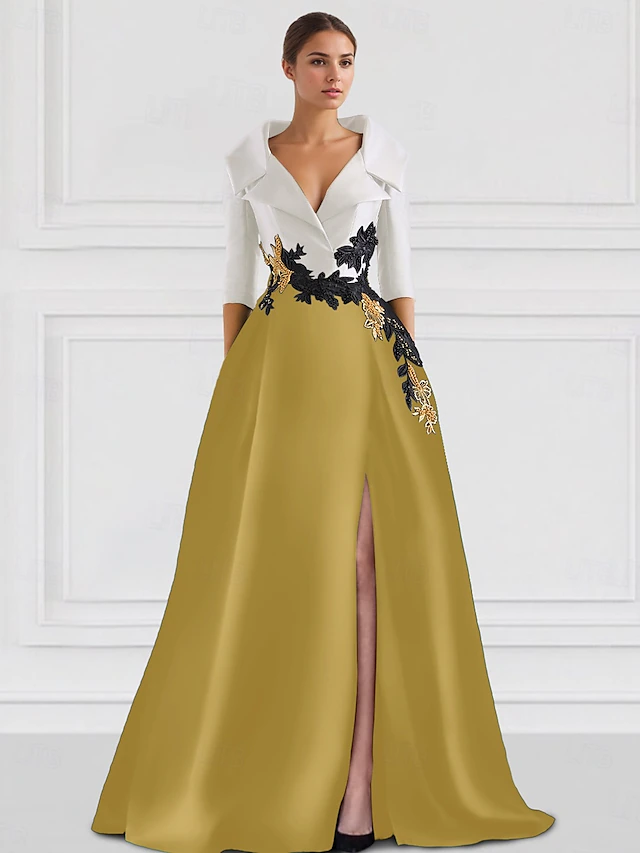 A-Line Evening Gown Elegant Dress Tuxedo Dress Formal Floor Length Half Sleeve Shirt CollarMother Of the Bride Dress Satin with Slit Embroidery Appliques 7