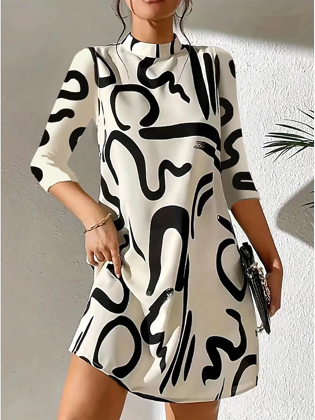 Women's Geometric Stand Collar Mini Dress 3/4 Length Sleeve Spring Fall 5