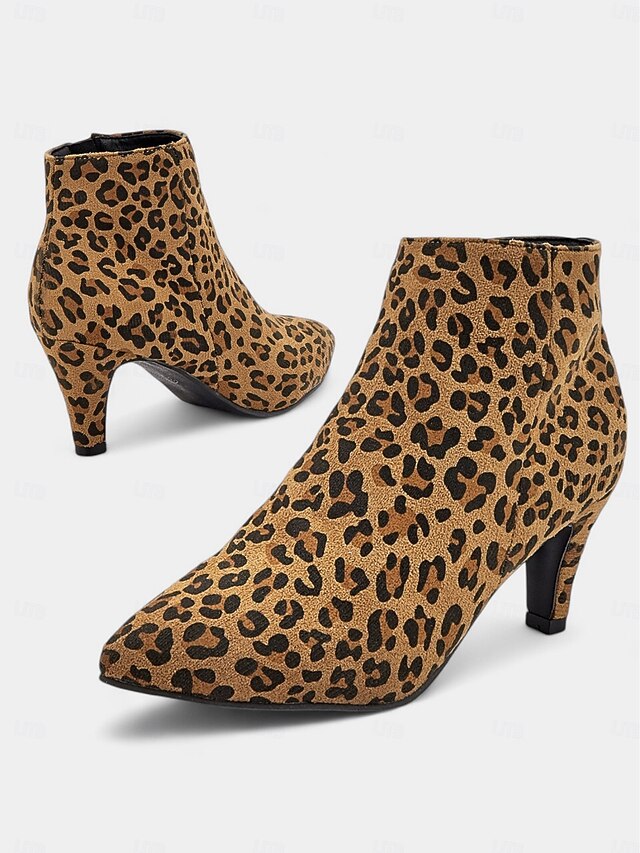 Women's Leopard Print Ankle Boots with Pointed Toe and Stiletto Heel - Trendy Animal Print Booties for Fall & Winter 10