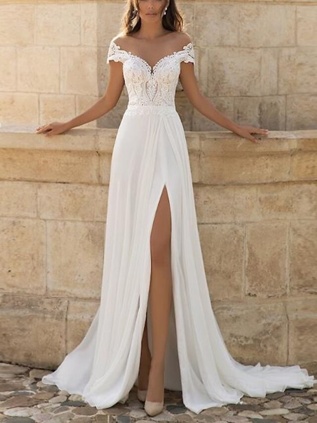 Wedding Dresses A-Line V Neck Short Sleeve Court Train Lace Bridal Gowns With Split Front3