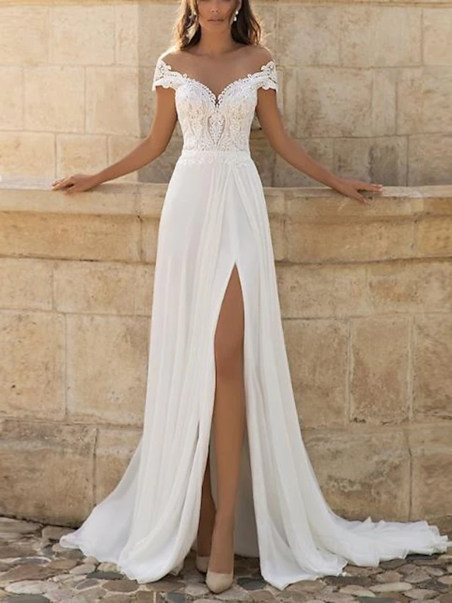 Wedding Dresses A-Line V Neck Short Sleeve Court Train Lace Bridal Gowns With Split Front3