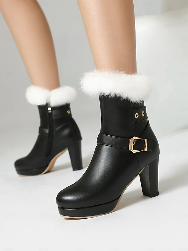 Women's Black Platform Ankle Boots with Faux Fur Cuff, Buckle Detail, and High Block Heels - Stylish Winter Footwear for Parties and Casual Wear 24