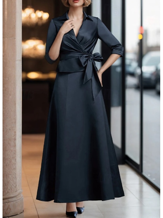  Zwei-teiliges A-Linie Kleid Anzug Brautmutter Kleid Smoking Kleid Elegantes Einfaches V-Ausschnitt Knöchellänge Satin 3/4-Längenärmel mit Schärpe  Band Falten Einfarbige Derby Kleid Renn-Tag Kleid