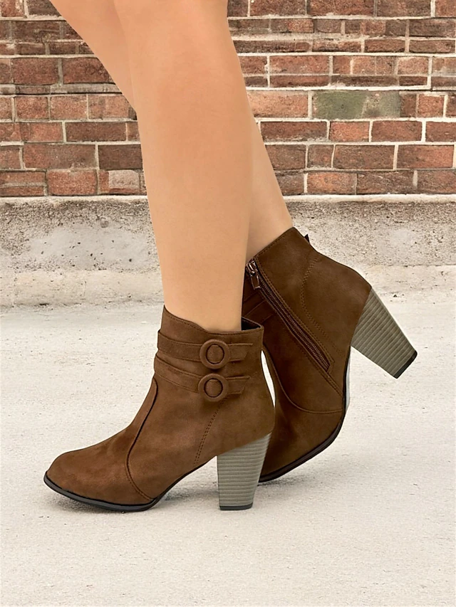 Women's Brown Faux Suede Ankle Boots - Block Heel with Side Zipper and Decorative Button Details, Ideal for Fall and Winter Casual Wear 13