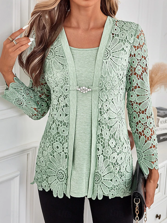 Women's Tunic Elegant Long Sleeve Square Neck Regular Tops Vacation Valentine's Day Daily Lace Buttons Eyelet Light Green Spring Fall 6
