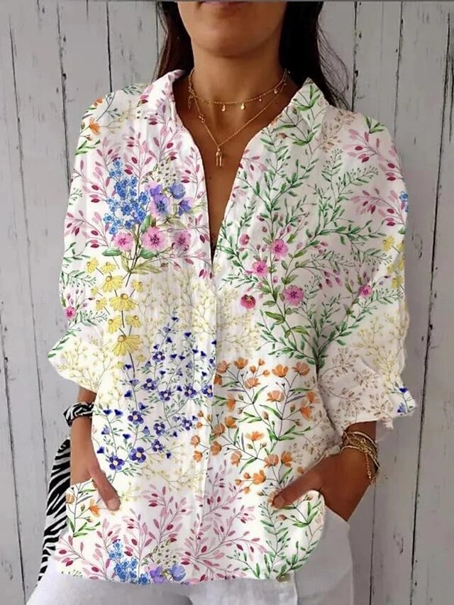 Women's Shirt Blouse Floral Casual 3/4 Length Sleeve Shirt Collar Regular Tops Daily Patchwork Buttons White Green Fall Winter4