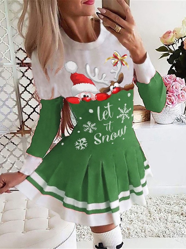 Women's Polyester Santa Claus Crew Neck Mini Dress Long Sleeve Fall