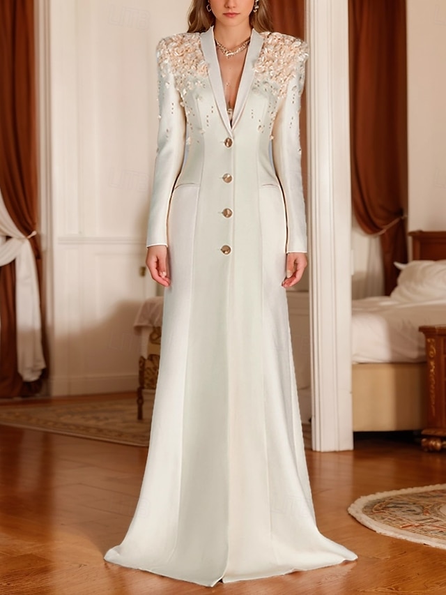  Abito A-Line Floreale da Sera Abito Elegante Tuxedo Abito Formale Matrimonio Lunghezza Piena Manica Lunga Collo Alto con Applicazioni 2025
