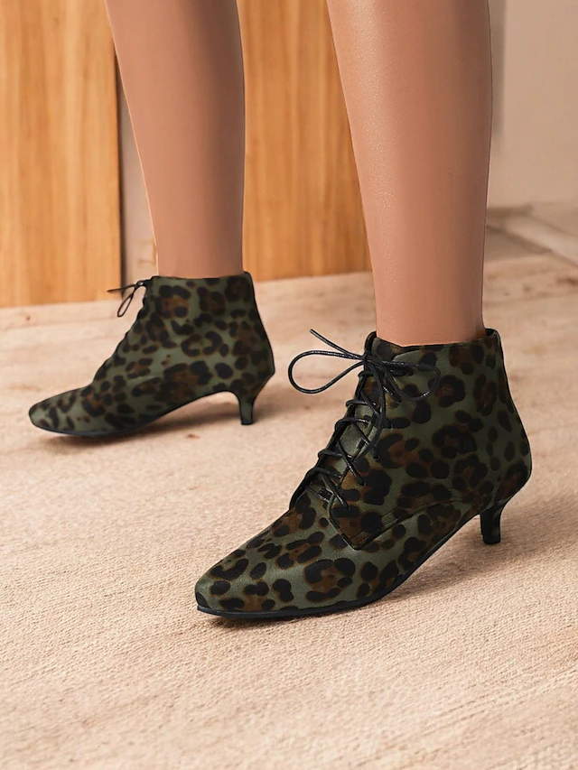 Green Leopard Print Lace-Up Ankle Boots with Kitten Heel – Chic Retro Style Shoes for Women 13