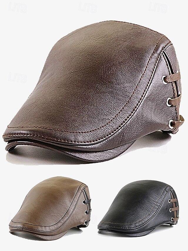  Men's Classic Faux Leather Newsboy Cap – Vintage Flat Ivy Hat with Lace-Up Side Details for Casual and Formal Looks