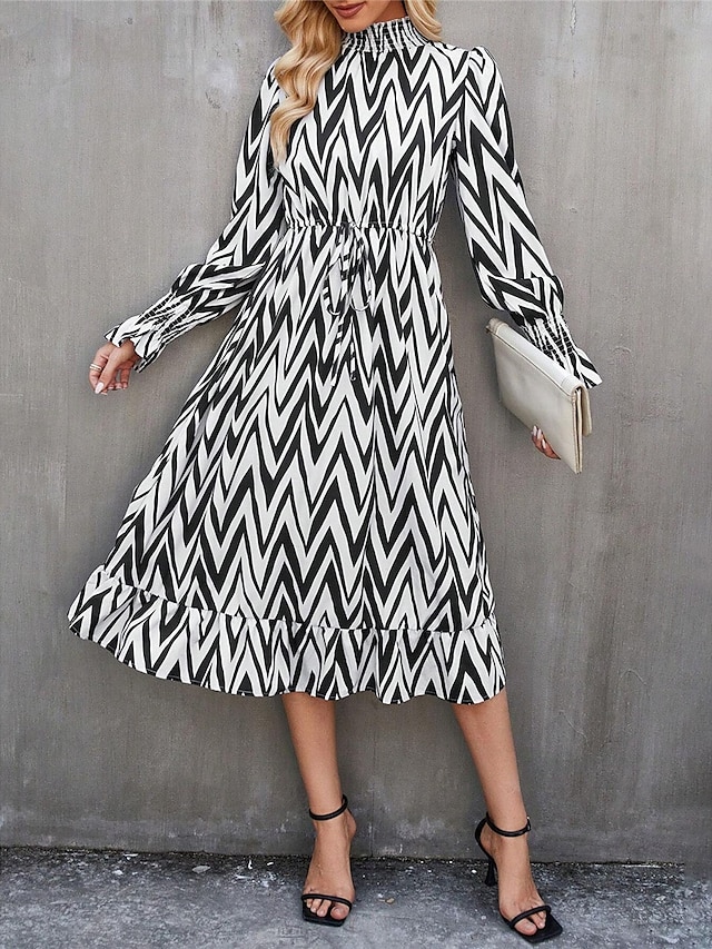 Women's Polyester Geometric Stand Collar Midi Dress Long Sleeve Summer