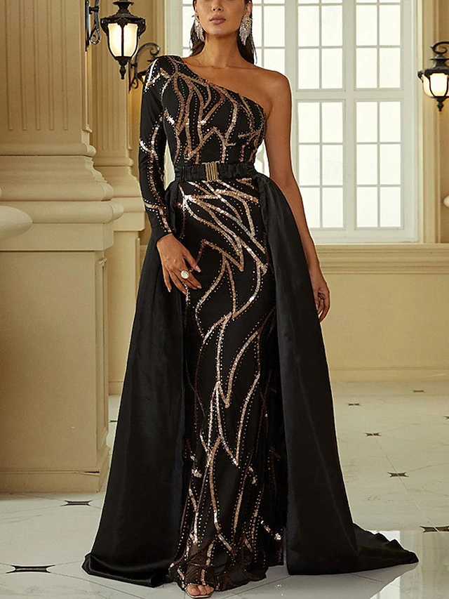 A-Line Evening Gown Elegant Dress Formal Chapel Train Long Sleeve One Shoulder Nylon with Glitter 6