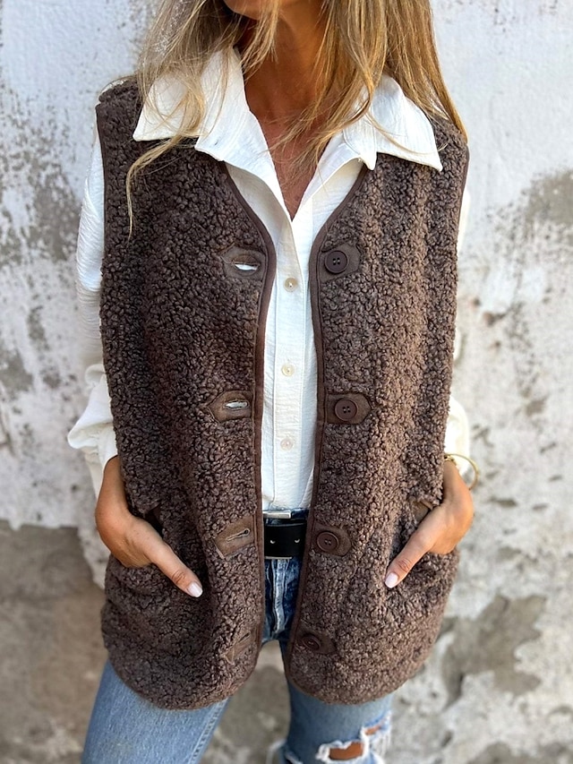  Dames Vest Buiten Straat Dagelijks Herfst Winter Normaal jas Normale pasvorm Houd Warm Ademend Hedendaags Stijlvol Jacks Mouwloos Effen Kleur Met zakken Zwart Rood Koffie