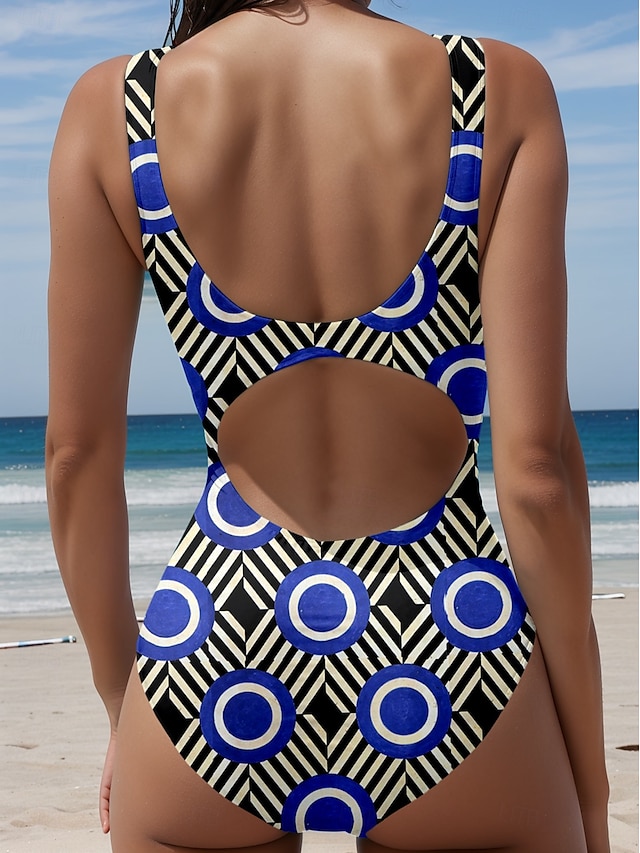  Damens badkläder En-delad monokini baddräkt utan rygg magkontroll hög midja smal semester strandkläder geometrisk U-hals axelbandslös baddräkt