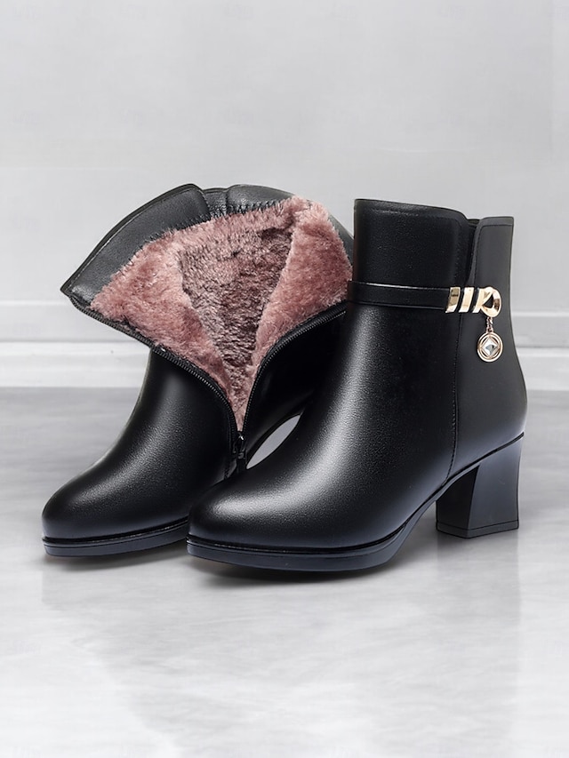  botins femininos pretos - couro sintético com forro de pelúcia, zíper lateral e salto bloco para moda de inverno e uso casual