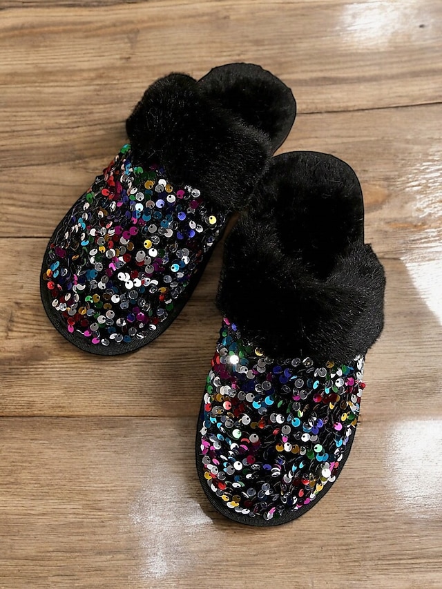  Schwarze, mit Pailletten und Fell gefütterte Damen-Hausschuhe mit mehrfarbigem Glitzer und bequemer Sohle – ideal für Luxus und Wärme in Innenräumen