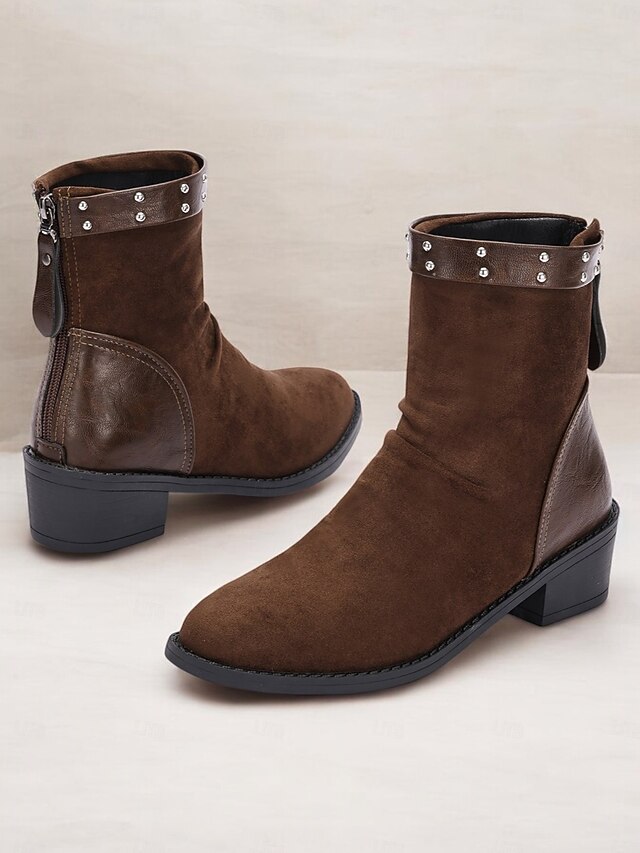 Women's Brown Suede Ankle Boots with Studded Faux Leather Straps – Western-Inspired Low Heel Boots for Casual and Outdoor Wear 8