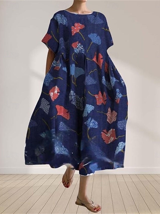  Per donna Abito maxi Abiti ispirati al lino Vestito Casual Vestito a ruota Casual Quotidiano Vestibilità regolare Floreale Manica Lunga Girocollo Blu marino Blu Verde Primavera Autunno