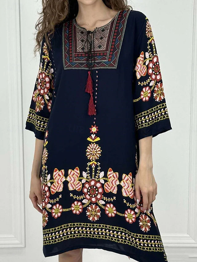 Women's Mini Dress Petite Dress Casual Dress Boho Dress Casual Daily Regular Fit Floral 3/4 Length Sleeve Crew Neck White Red Navy Blue Spring Fall4