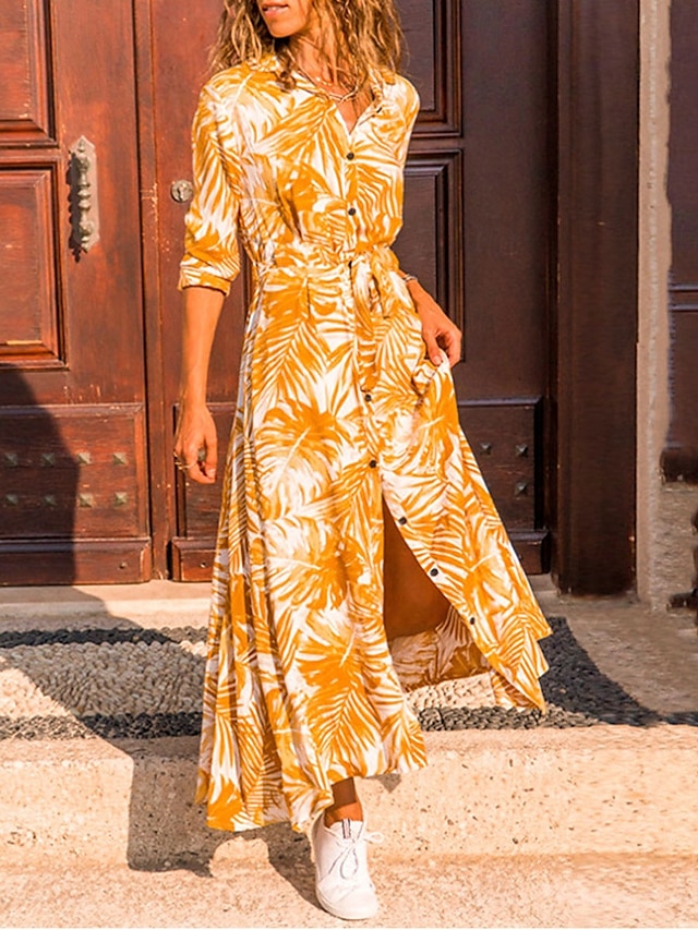  dames blad overhemdkraag maxi jurk 3/4 mouw zomer lente