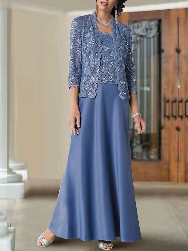  Two Piece Sheath / Column Dress Mother of the Bride Dress Beach Wedding Elegant Sparkle & Shine Jewel Neck Ankle Length Lace Stretch Fabric 3/4 Length Sleeve with Lace 2025