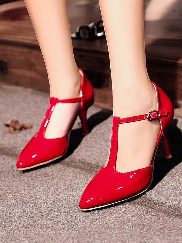 Women's Elegant Red Patent Leather T-Strap Pointed Toe Stiletto Heels - Ideal for Weddings and Special Occasions 15