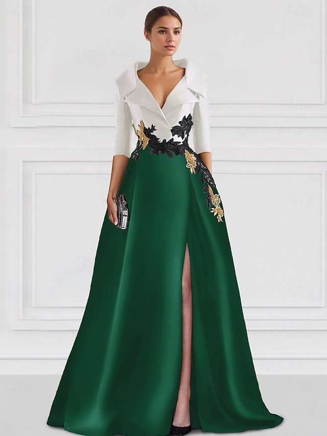  Vestido de Noite A-Line Vestido Elegante Tuxedo Formal Comprimento do Chão Manga Média Colarinho de Camisa Vestido de Mãe da Noiva Cetim com Fenda Bordado Aplicações