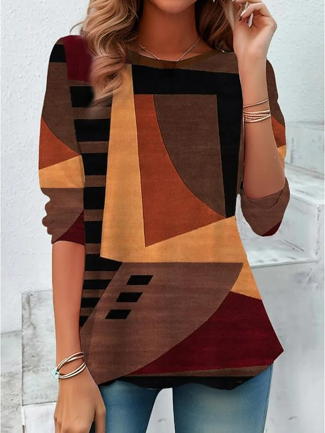 Women's T shirt Crew Neck Long Sleeve Tunic Geometric Modern Casual Regular Tops Daily Weekend Print Light Brown Fall Winter4