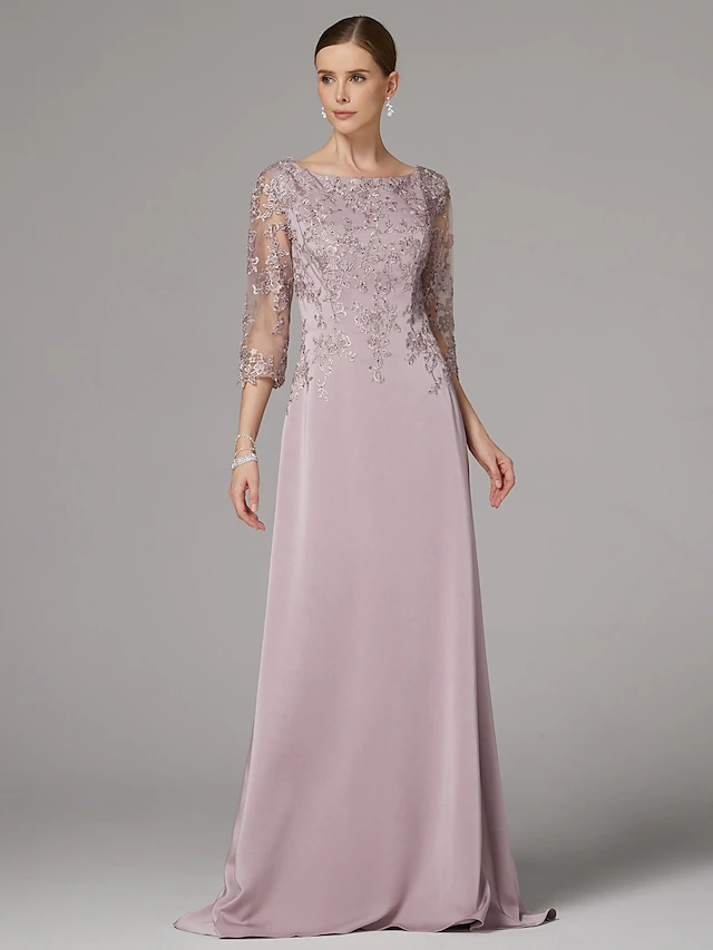 Sheath Dress Beach Wedding Mother of the Bride Dress Elegant Bateau Neck Floor Length Satin 3/4 Length Sleeve with Lace Appliques 13