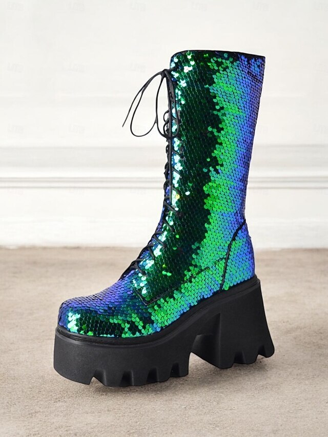 Women's Sequin Lace-Up Platform Boots – Green and Blue Shiny Chunky Heel Boots for Parties, Festivals, and Cosplay 14
