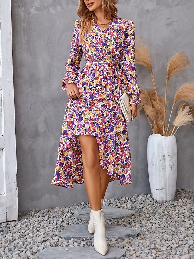  rochie midi dama cu decolteu in V cu maneca lunga vara primavara