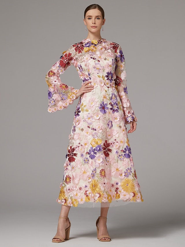  A-Line Dress Beach Wedding Mother of the Bride Dress Elegant High Neck Ankle Length Tulle Long Sleeve Floor Length with Embroidery Flower
