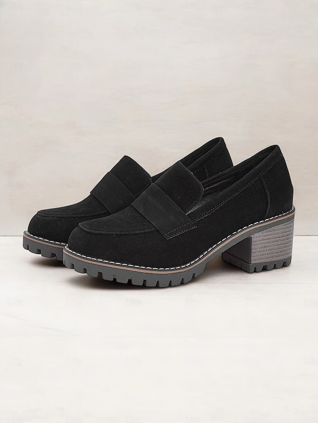 Women's Black Suede Chunky Loafers - Rugged Sole with Block Heel for Casual and Everyday Wear 18
