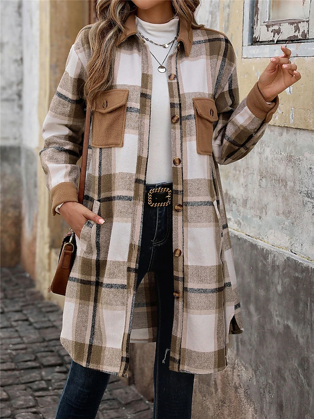 Women's Winter Coat Outdoor Street Daily Wear Fall Winter Long Coat Regular Fit Thermal Warm Breathable Stylish Casual Jacket Long Sleeve Stripes and Plaid with Pockets Print Wine Coffee Gray 13