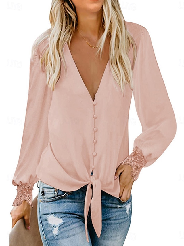  Femme Chemise manche longue Col V Noir Rose Claire Beige Printemps & Automne