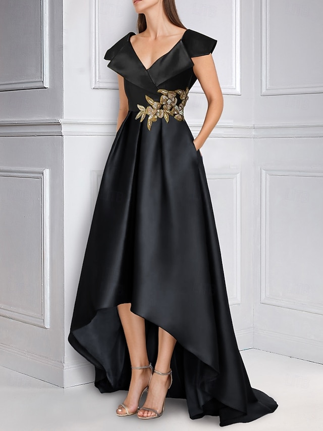  Vestido de Festa Elegante Estilo A Vestido de Noite Formal Sem Mangas Decote em V de Cetim com Pregas e Appliques