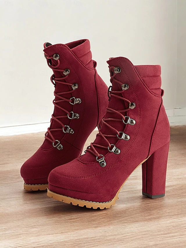 Women's Black Lace-Up High Heel Ankle Boots with Rugged Soles – Stylish Footwear for Casual and Outdoor Outfits 10