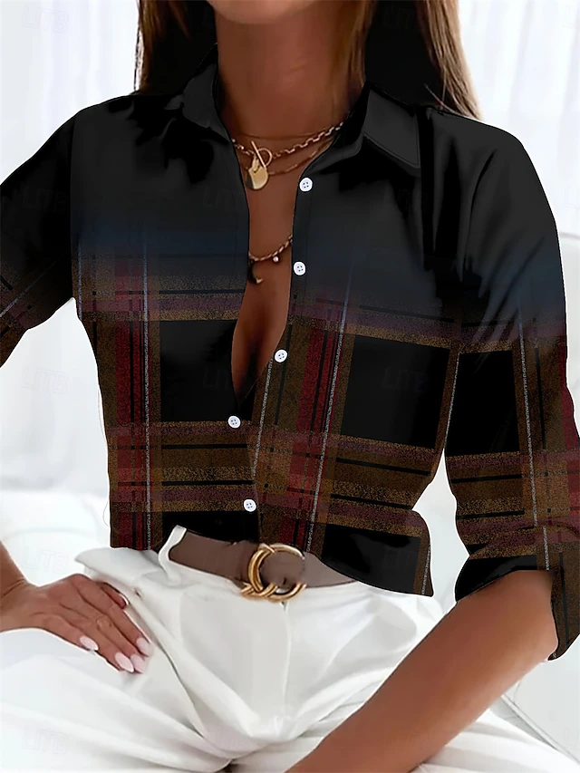 Women's Shirt Button Down Tunic Shirt Collar Long Sleeve Plaid Casual Regular Tops Work Daily s Print Black Spring Fall Winter4