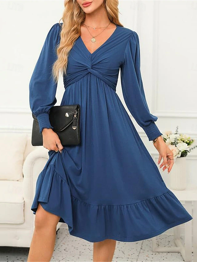 Women's Midi Dress Casual Dress Cocktail Dress Satin Dress Swing Dress Casual Sports & Outdoor Street Regular Fit Plain Long Sleeve V Neck Black Blue Fuchsia Fall Winter 13