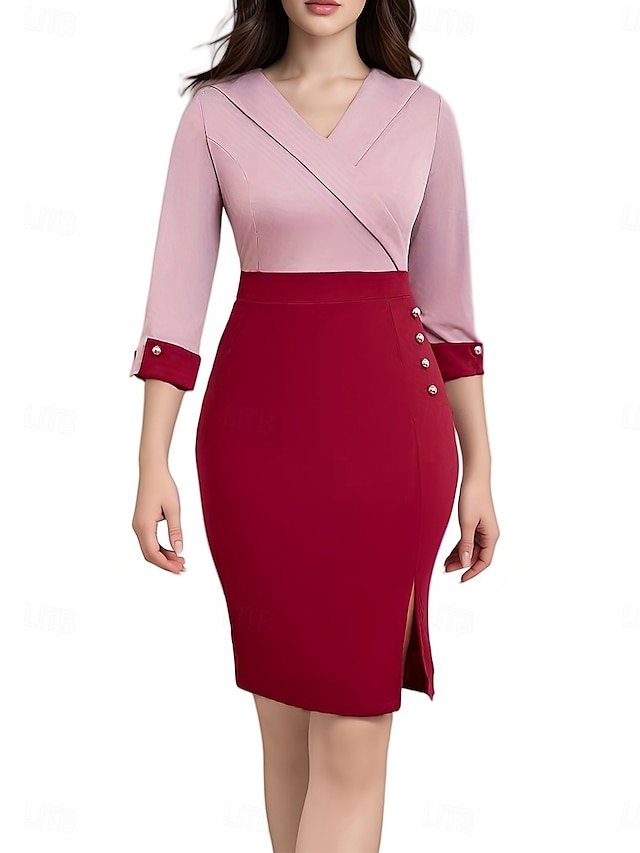  Robe de travail Robe Droite Femme Robe mi-longue Elégant Mode Patchwork Col V Manches 3/4 Bureau du quotidien Plein Standard Vin Printemps Automne S M L XL 2XL