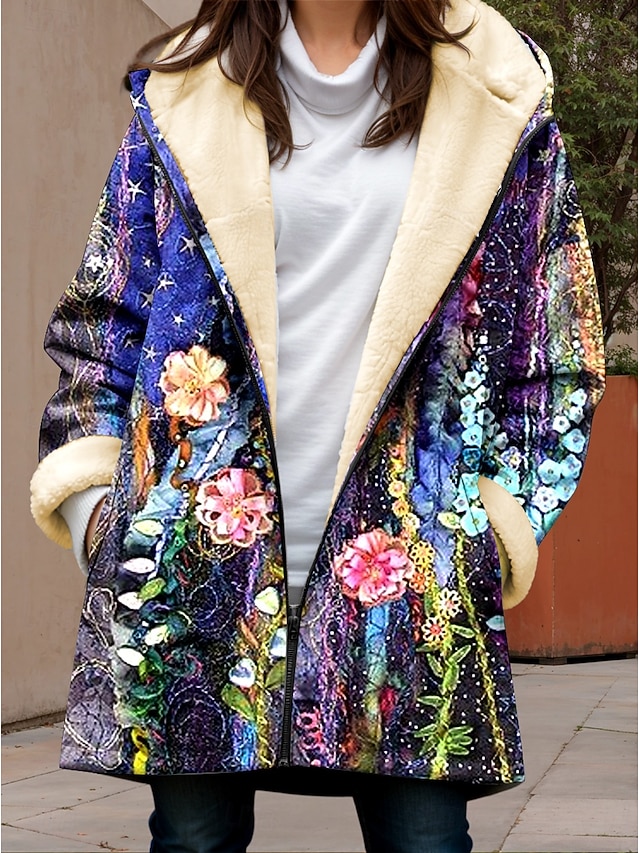  Dame Fleece-jakke Teddyfrakk Hettegenser Hold Varm Pustende Glidelås Lomme Fleece Lined Fritid Blomstret Feriereise Gate Dagligdagstøy Ut på byen Glidelås Lang Hettegenser Løstsittende Langermet
