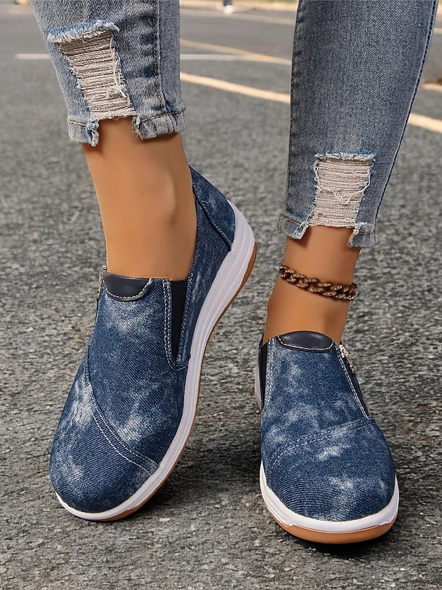  dámské neformální modré džínové slip-on tenisky – stylové vycházkové boty na zip s polstrovanou podrážkou pro každodenní pohodlí