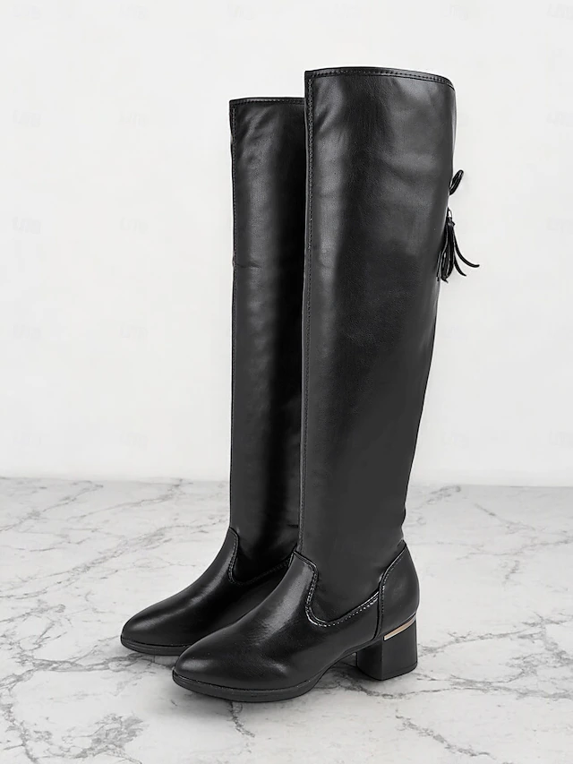 Women's Black Over-The-Knee Faux Leather Boots with Block Heel – Elegant Thigh-High Boots for Winter Fashion and Evening Outfits 11